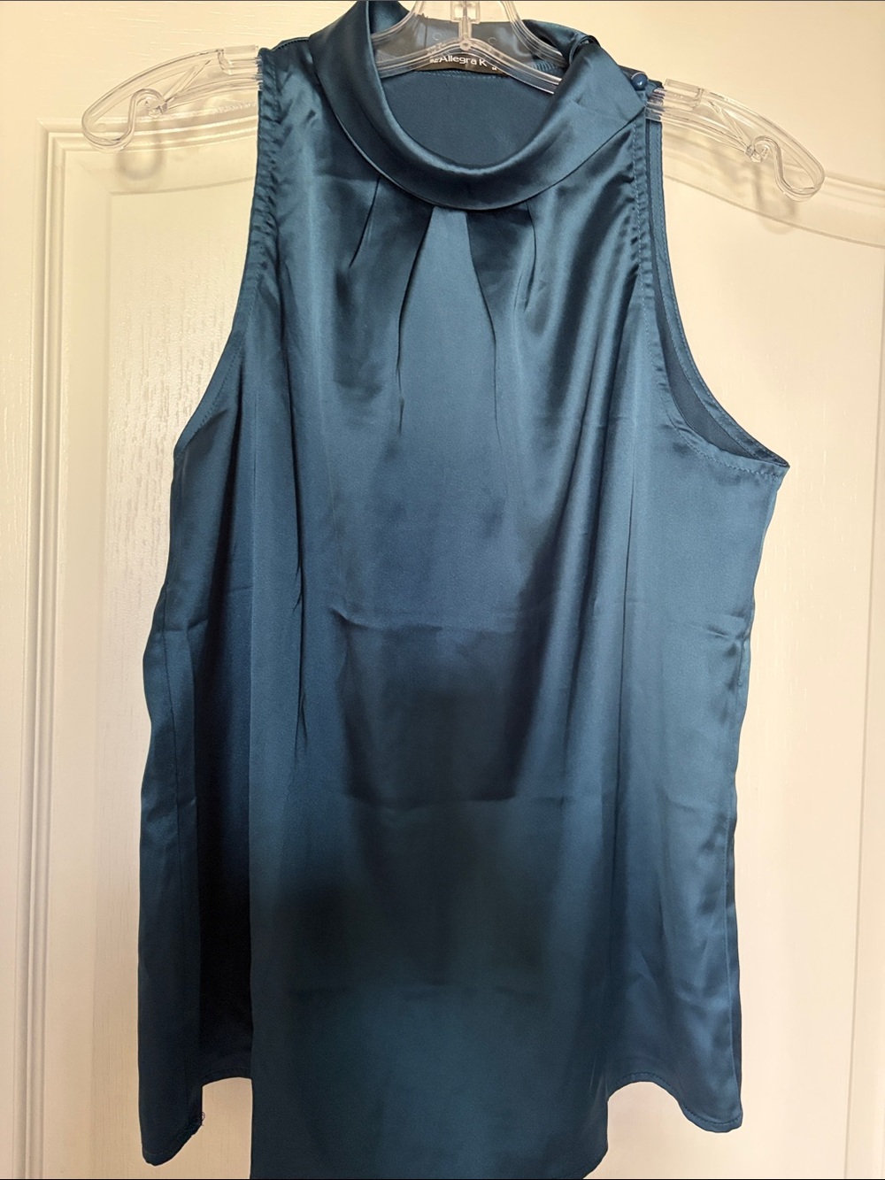 Allegra K Teal Satin Mock Neck Sleeveless Blouse